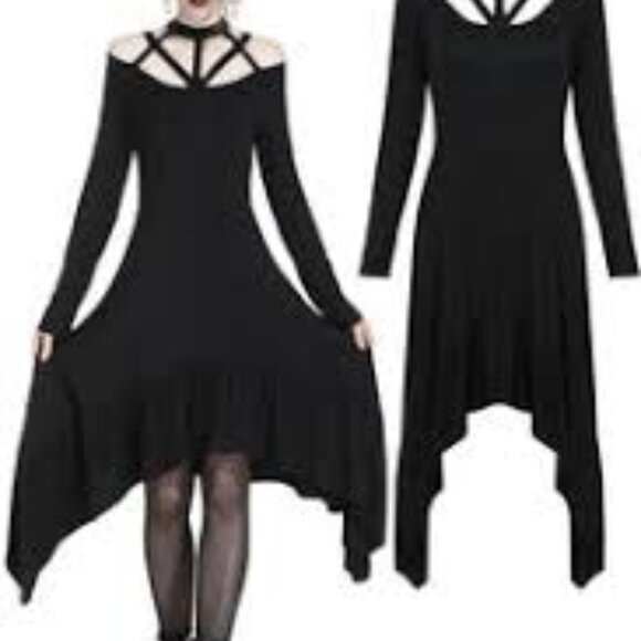 Dark In Love Punk Strap Neckline Waterfall Hem Dress Goth Size M - Picture 10 of 10